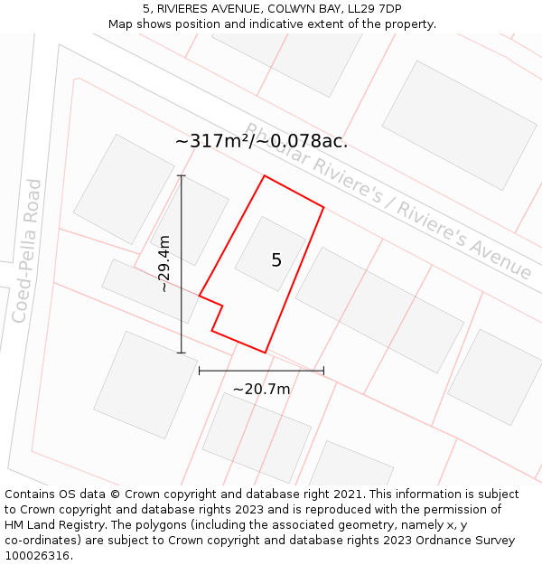 5, RIVIERES AVENUE, COLWYN BAY, LL29 7DP: Plot and title map