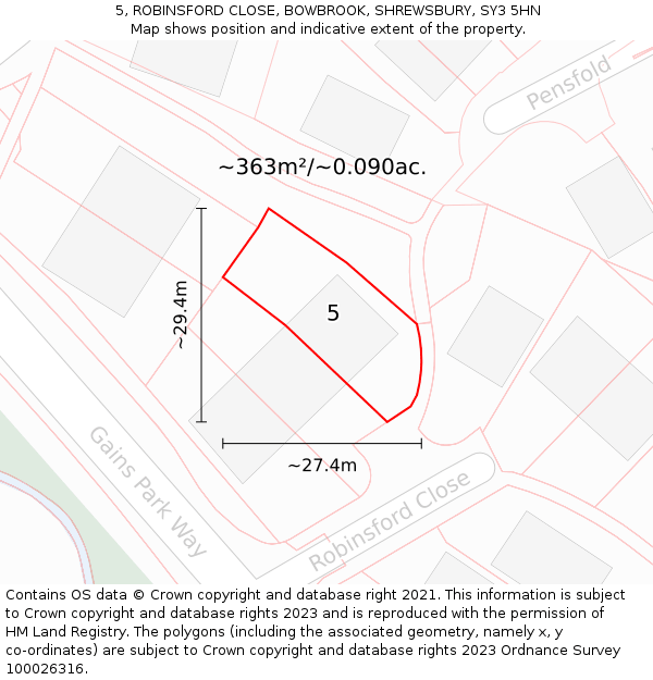 5, ROBINSFORD CLOSE, BOWBROOK, SHREWSBURY, SY3 5HN: Plot and title map