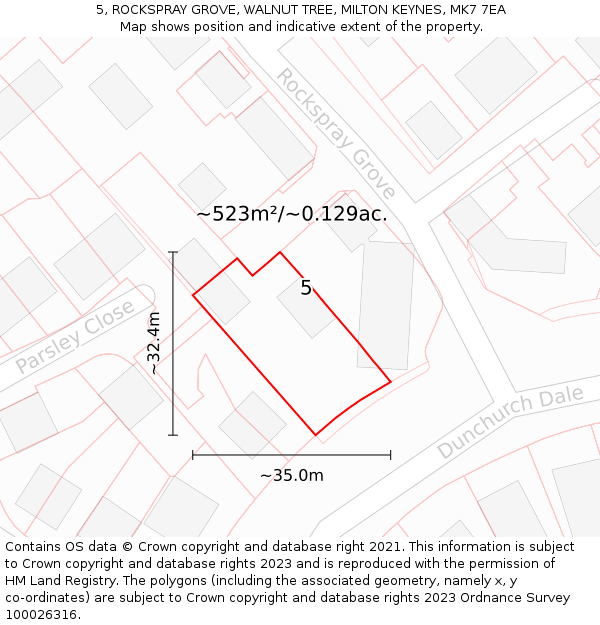 5, ROCKSPRAY GROVE, WALNUT TREE, MILTON KEYNES, MK7 7EA: Plot and title map