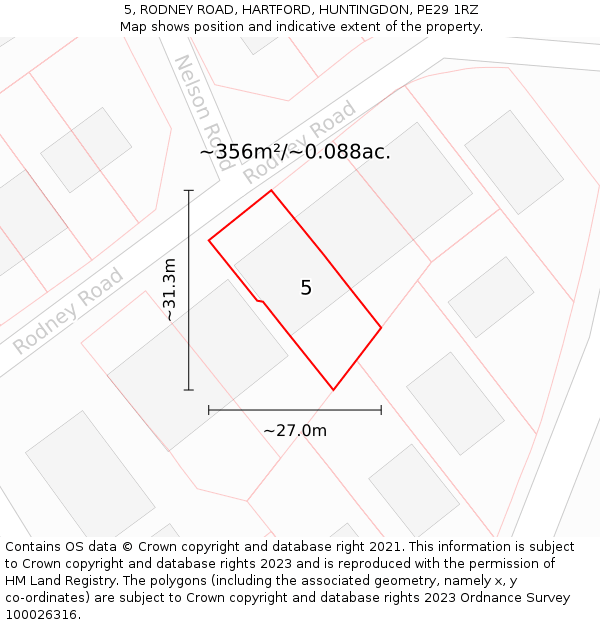 5, RODNEY ROAD, HARTFORD, HUNTINGDON, PE29 1RZ: Plot and title map