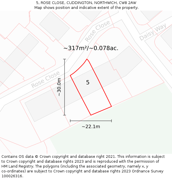 5, ROSE CLOSE, CUDDINGTON, NORTHWICH, CW8 2AW: Plot and title map