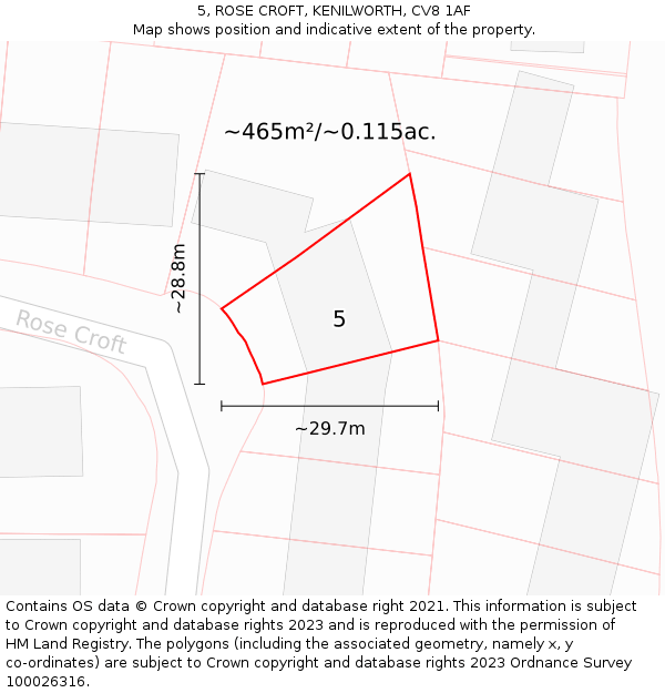 5, ROSE CROFT, KENILWORTH, CV8 1AF: Plot and title map