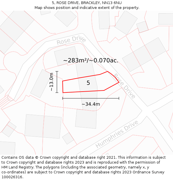5, ROSE DRIVE, BRACKLEY, NN13 6NU: Plot and title map