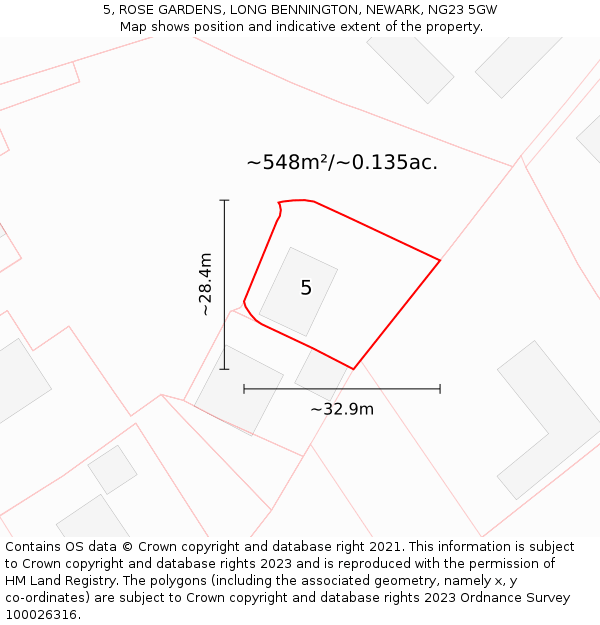 5, ROSE GARDENS, LONG BENNINGTON, NEWARK, NG23 5GW: Plot and title map