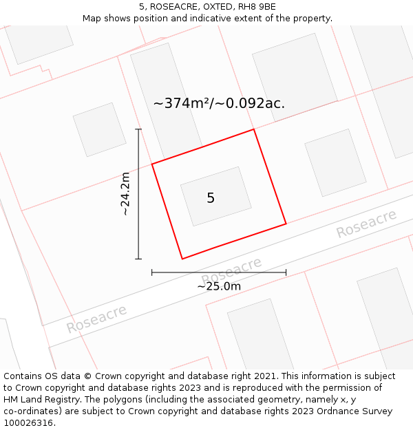 5, ROSEACRE, OXTED, RH8 9BE: Plot and title map