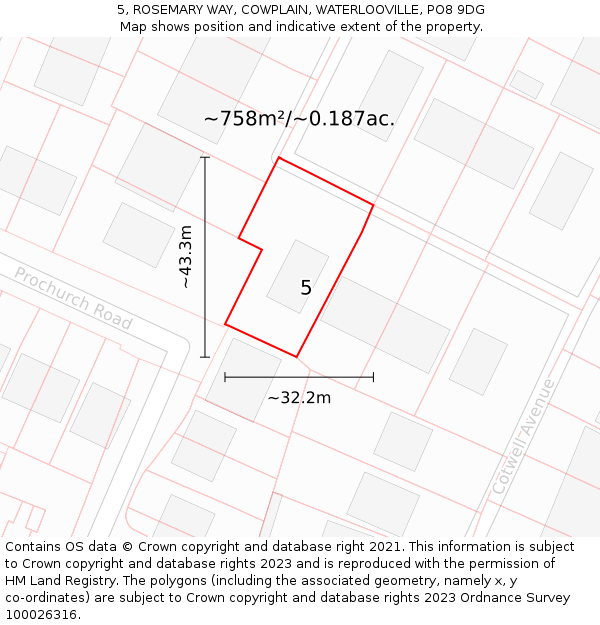 5, ROSEMARY WAY, COWPLAIN, WATERLOOVILLE, PO8 9DG: Plot and title map