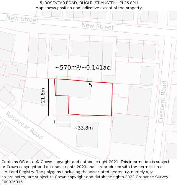 5, ROSEVEAR ROAD, BUGLE, ST AUSTELL, PL26 8PH: Plot and title map