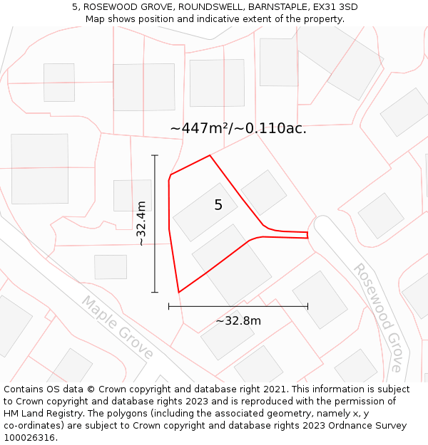 5, ROSEWOOD GROVE, ROUNDSWELL, BARNSTAPLE, EX31 3SD: Plot and title map