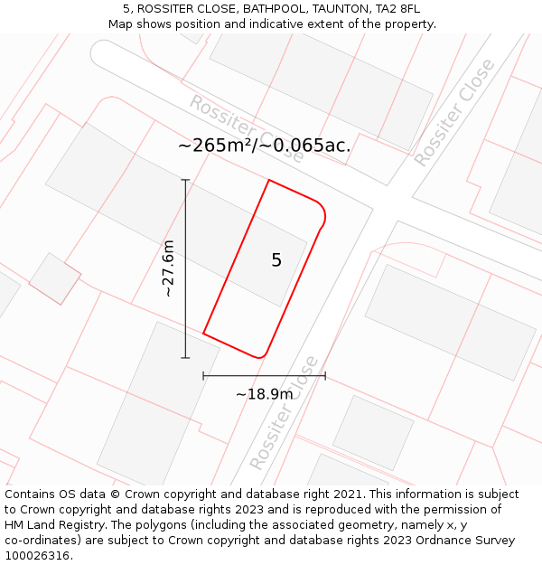 5, ROSSITER CLOSE, BATHPOOL, TAUNTON, TA2 8FL: Plot and title map