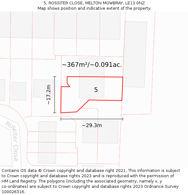 5, ROSSITER CLOSE, MELTON MOWBRAY, LE13 0NZ: Plot and title map