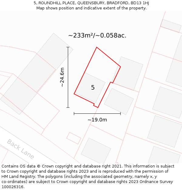 5, ROUNDHILL PLACE, QUEENSBURY, BRADFORD, BD13 1HJ: Plot and title map