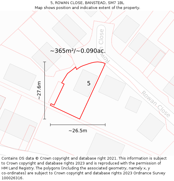 5, ROWAN CLOSE, BANSTEAD, SM7 1BL: Plot and title map