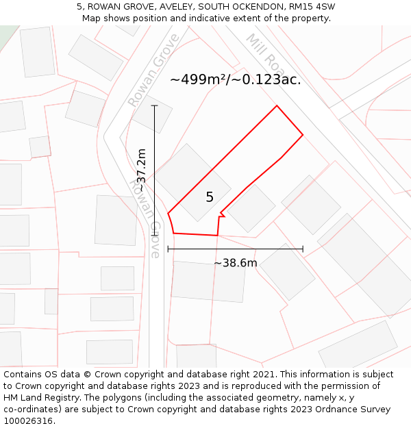 5, ROWAN GROVE, AVELEY, SOUTH OCKENDON, RM15 4SW: Plot and title map