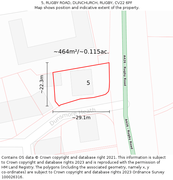 5, RUGBY ROAD, DUNCHURCH, RUGBY, CV22 6PF: Plot and title map