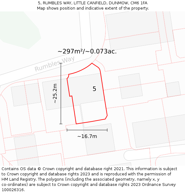 5, RUMBLES WAY, LITTLE CANFIELD, DUNMOW, CM6 1FA: Plot and title map