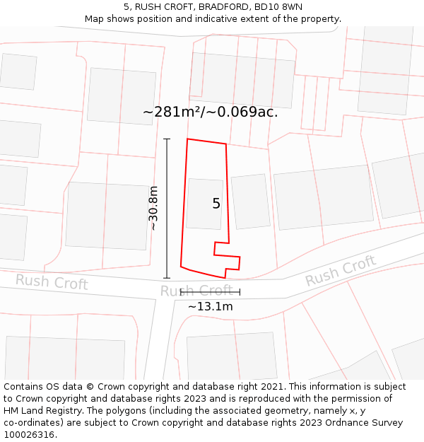 5, RUSH CROFT, BRADFORD, BD10 8WN: Plot and title map