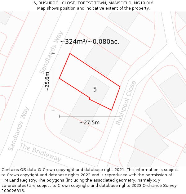 5, RUSHPOOL CLOSE, FOREST TOWN, MANSFIELD, NG19 0LY: Plot and title map