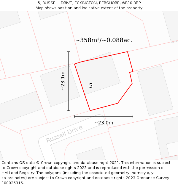 5, RUSSELL DRIVE, ECKINGTON, PERSHORE, WR10 3BP: Plot and title map