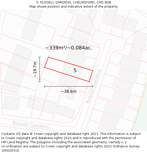 5, RUSSELL GARDENS, CHELMSFORD, CM2 8DB: Plot and title map