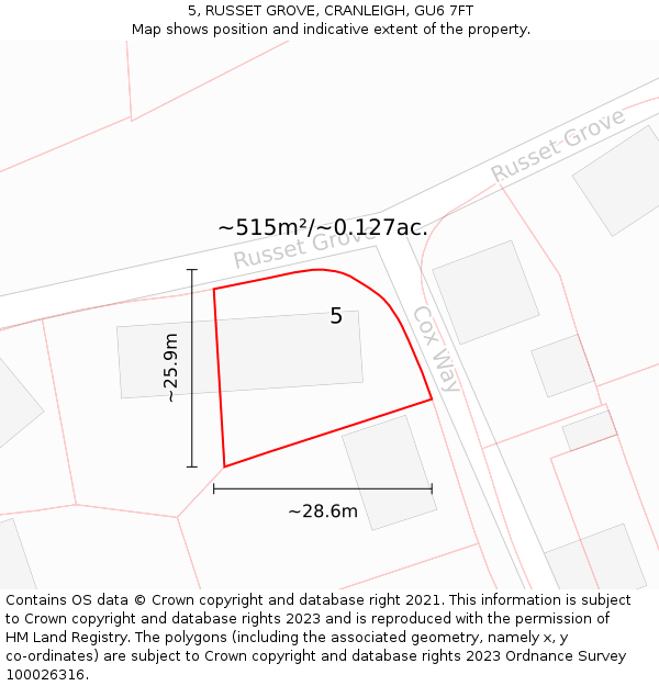 5, RUSSET GROVE, CRANLEIGH, GU6 7FT: Plot and title map