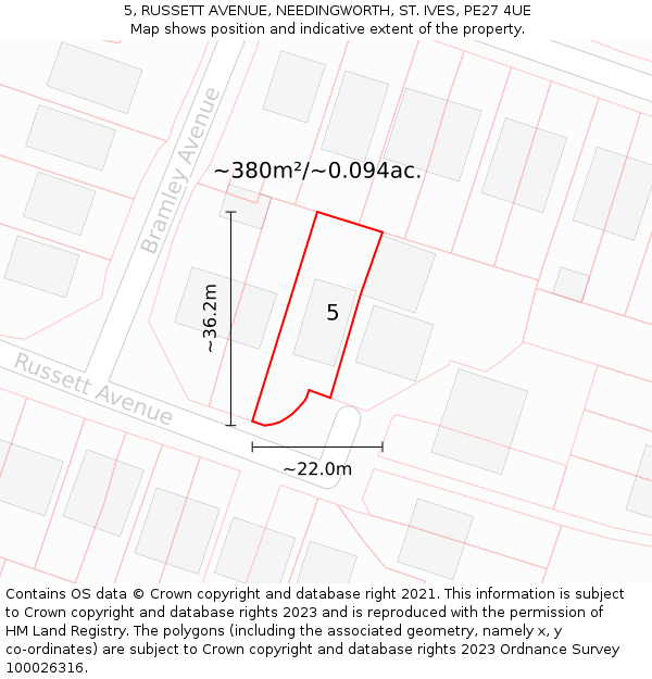 5, RUSSETT AVENUE, NEEDINGWORTH, ST. IVES, PE27 4UE: Plot and title map