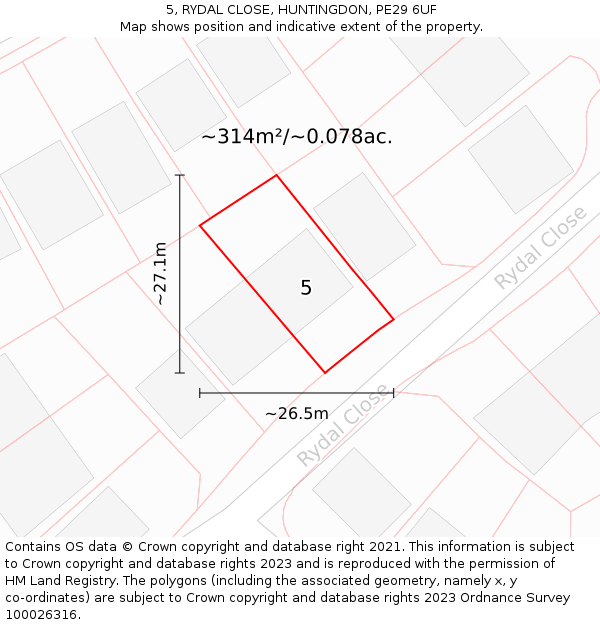 5, RYDAL CLOSE, HUNTINGDON, PE29 6UF: Plot and title map