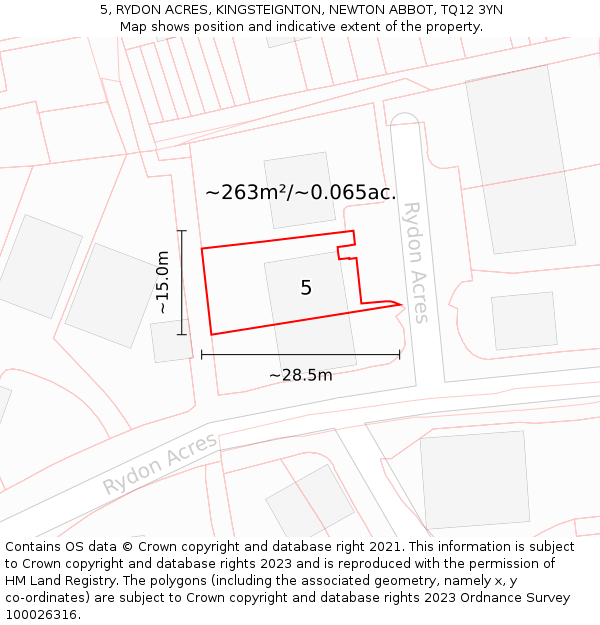 5, RYDON ACRES, KINGSTEIGNTON, NEWTON ABBOT, TQ12 3YN: Plot and title map