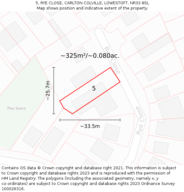5, RYE CLOSE, CARLTON COLVILLE, LOWESTOFT, NR33 8SL: Plot and title map