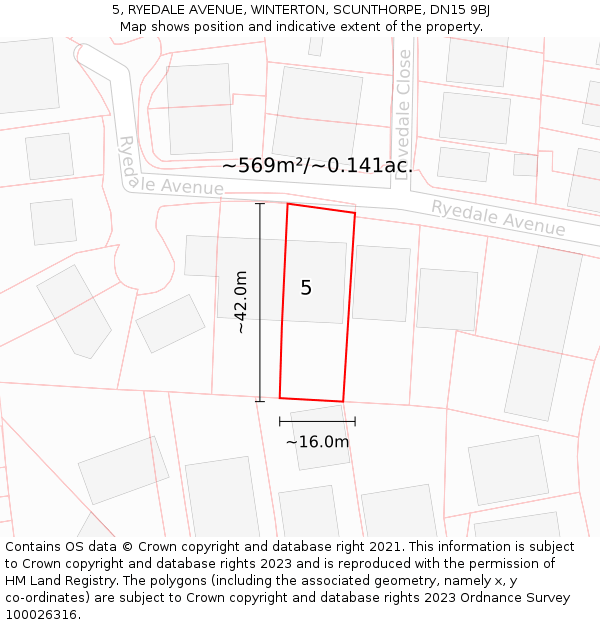 5, RYEDALE AVENUE, WINTERTON, SCUNTHORPE, DN15 9BJ: Plot and title map