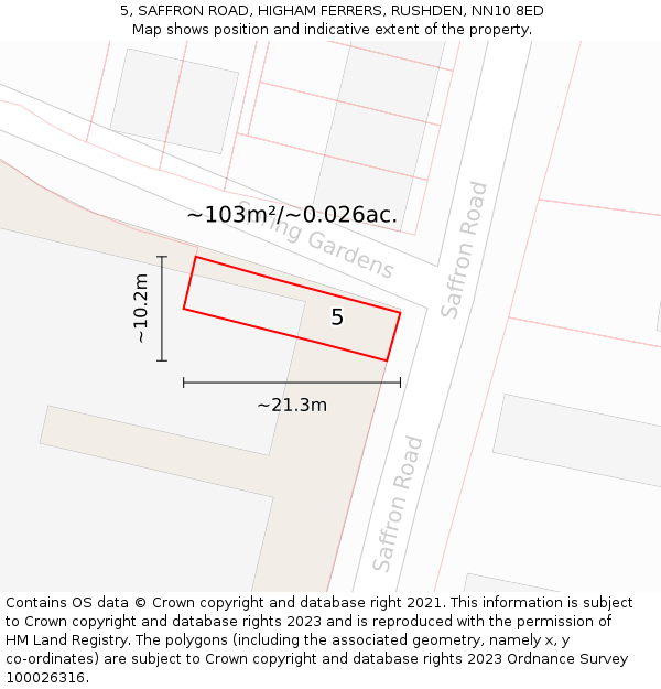 5, SAFFRON ROAD, HIGHAM FERRERS, RUSHDEN, NN10 8ED: Plot and title map