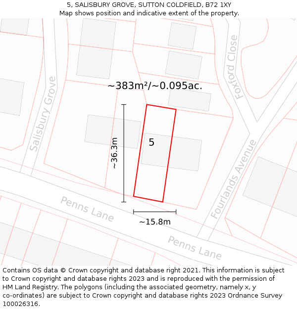 5, SALISBURY GROVE, SUTTON COLDFIELD, B72 1XY: Plot and title map