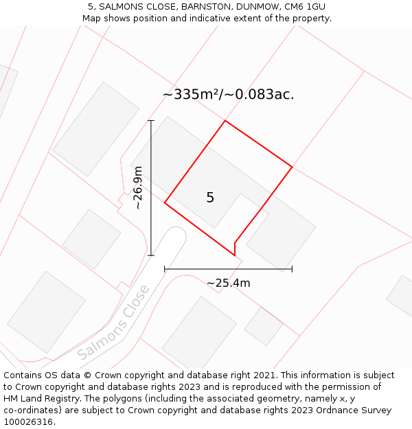 5, SALMONS CLOSE, BARNSTON, DUNMOW, CM6 1GU: Plot and title map