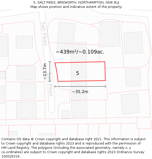 5, SALT PIKES, BRIXWORTH, NORTHAMPTON, NN6 9UJ: Plot and title map