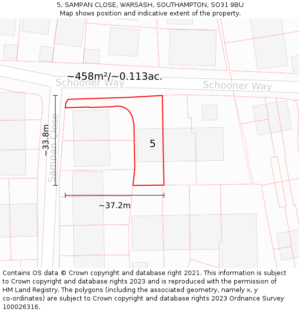 5, SAMPAN CLOSE, WARSASH, SOUTHAMPTON, SO31 9BU: Plot and title map