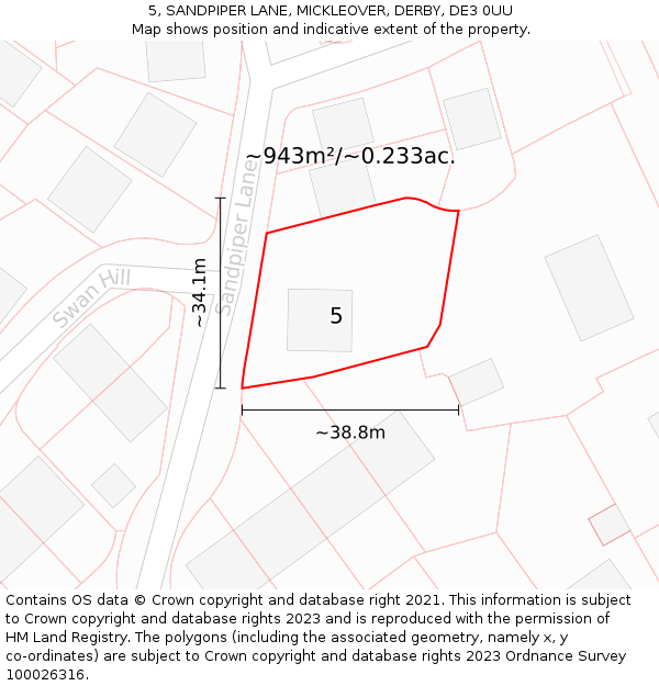 5, SANDPIPER LANE, MICKLEOVER, DERBY, DE3 0UU: Plot and title map