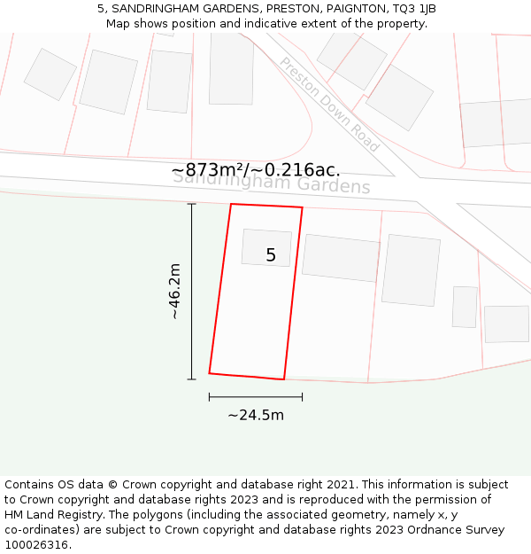 5, SANDRINGHAM GARDENS, PRESTON, PAIGNTON, TQ3 1JB: Plot and title map