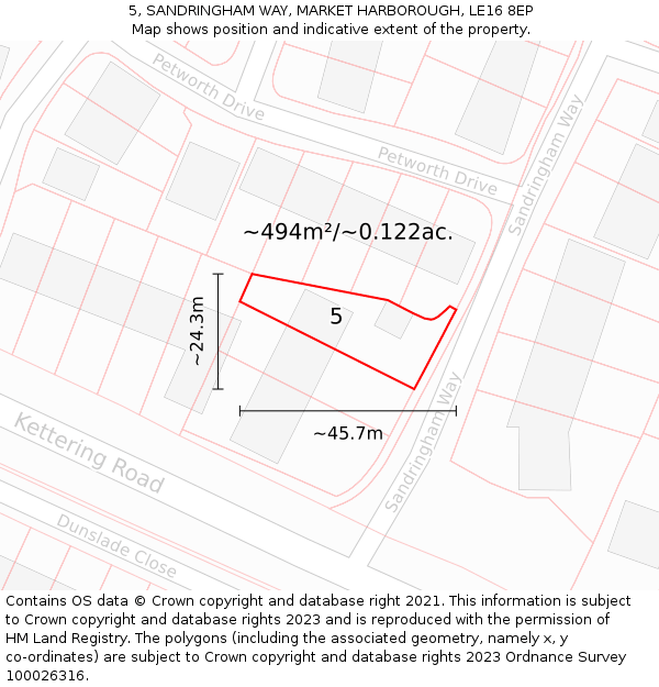 5, SANDRINGHAM WAY, MARKET HARBOROUGH, LE16 8EP: Plot and title map