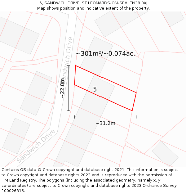5, SANDWICH DRIVE, ST LEONARDS-ON-SEA, TN38 0XJ: Plot and title map