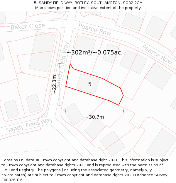 5, SANDY FIELD WAY, BOTLEY, SOUTHAMPTON, SO32 2GA: Plot and title map