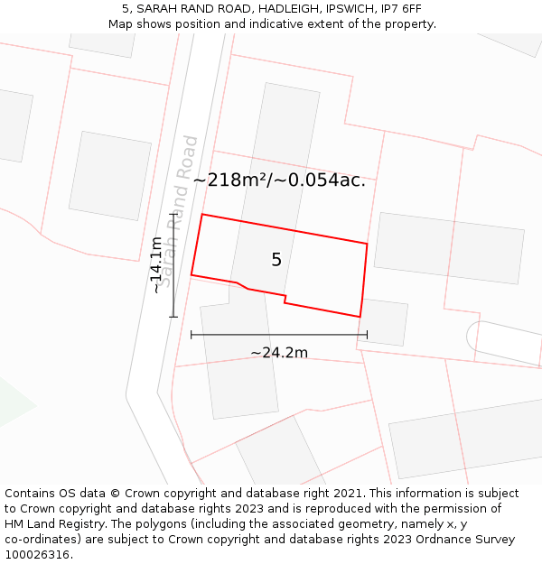 5, SARAH RAND ROAD, HADLEIGH, IPSWICH, IP7 6FF: Plot and title map