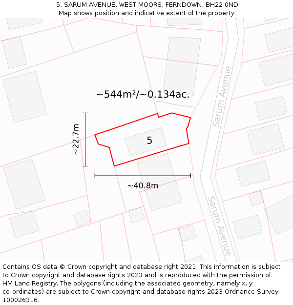 5, SARUM AVENUE, WEST MOORS, FERNDOWN, BH22 0ND: Plot and title map