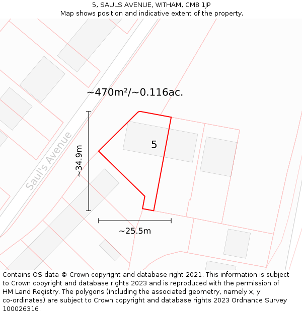 5, SAULS AVENUE, WITHAM, CM8 1JP: Plot and title map