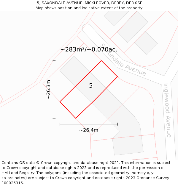 5, SAXONDALE AVENUE, MICKLEOVER, DERBY, DE3 0SF: Plot and title map