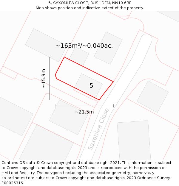 5, SAXONLEA CLOSE, RUSHDEN, NN10 6BF: Plot and title map