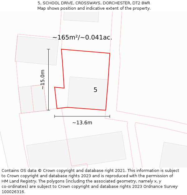 5, SCHOOL DRIVE, CROSSWAYS, DORCHESTER, DT2 8WR: Plot and title map