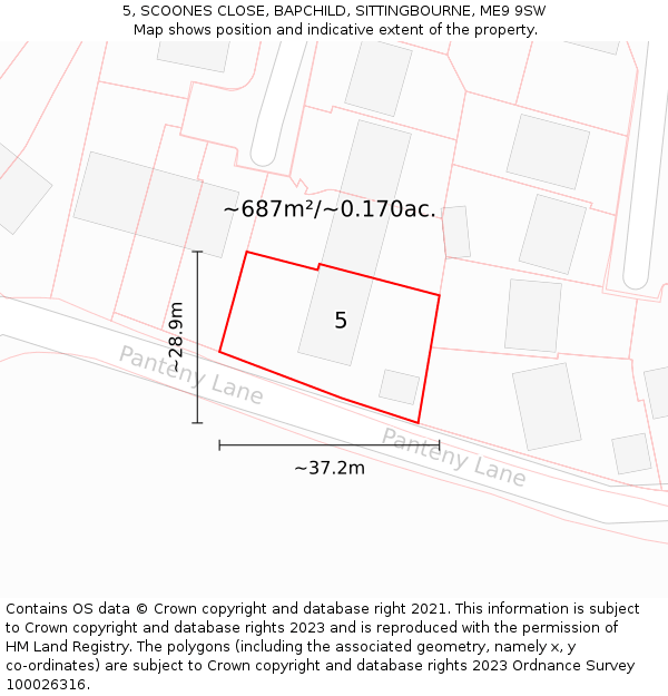 5, SCOONES CLOSE, BAPCHILD, SITTINGBOURNE, ME9 9SW: Plot and title map