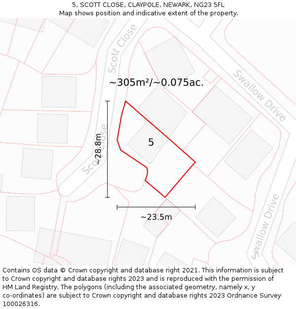 5, SCOTT CLOSE, CLAYPOLE, NEWARK, NG23 5FL: Plot and title map