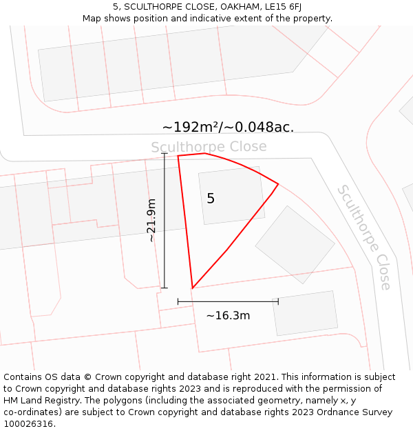 5, SCULTHORPE CLOSE, OAKHAM, LE15 6FJ: Plot and title map