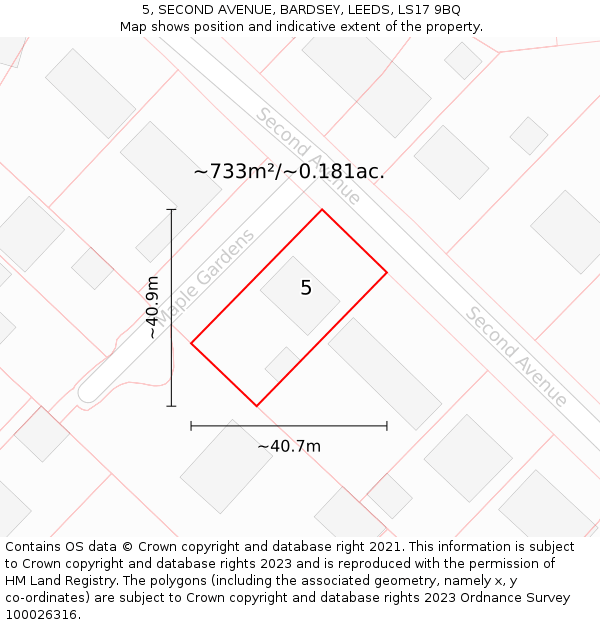 5, SECOND AVENUE, BARDSEY, LEEDS, LS17 9BQ: Plot and title map