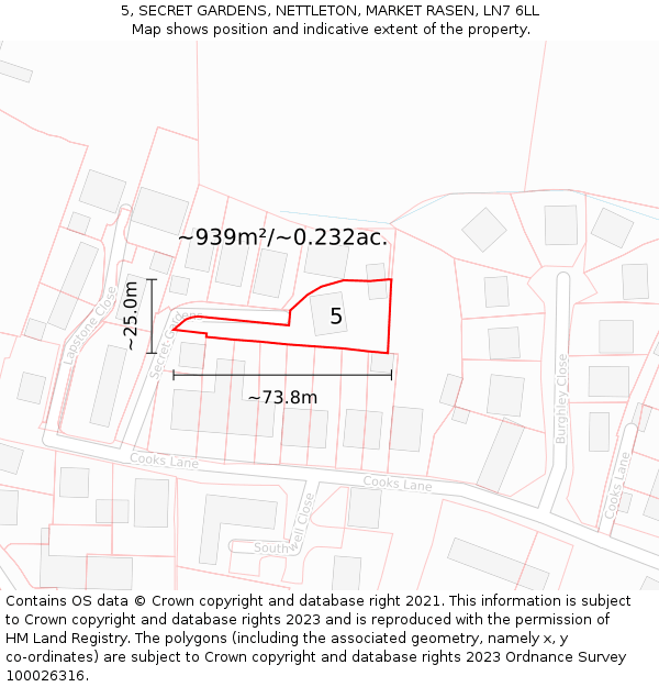 5, SECRET GARDENS, NETTLETON, MARKET RASEN, LN7 6LL: Plot and title map